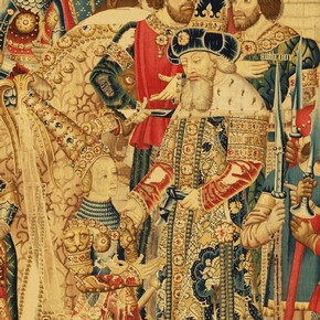 Detail showing Queen Penthesilea and King Priam of Troy, from a tapestry with Scenes of the War of Troy, 1475-1490. Museum no.6-1887