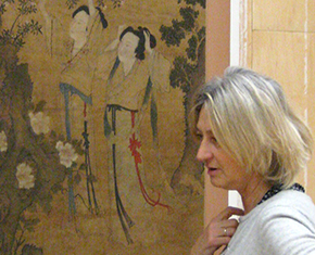 Figure 4. Susan Catcher and Valentina Marabini discussing scroll mounting options. The scroll depicted is mounted in the Shanghai style., Photography by Carol Peacock, The British Museum © Carol Peacock
