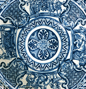 Figure 1. Tin-glazed milk pan with rivet repair, Adrianus Kocx, ‘The Greek A’, Delft, early 1690s, Diam. 47.4 cm, Photography by Hanneke Ramakers Given by Louis Gautier. Museum no. C.384-1926 © Victoria and Albert Museum, London