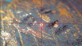 Figure 3a. Detail of bismuth-rich area analysed on a shepherd's face (Photography by Lucia Burgio)