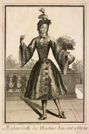 Figure 20 - Engraving, Mademoiselle des Mastins Dansant a l’Opera, Jean Mariette (publisher), Paris, late 17th century. Museum no. E.4960-1968, given by Dame Marie Rambert