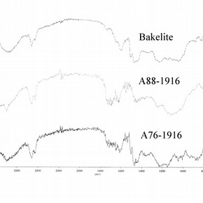 Figure 3. FTIR spectra of a. Bakelite standard, b. Bakelite coating on A88-1916 and c. Bakelite coating on A76-1916.