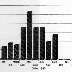 Fig.1. This graph shows the total insect activity of all the textile galleries and storage where traps are monitored fortnightly every month throughout the year.