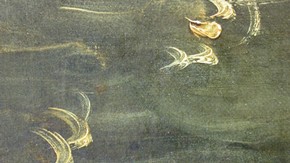 For the highlights in the sea Delacroix used a round brush with fluid paint. Click to enlarge