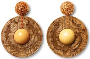 Melo and brown diamond earrings, made and designed by Hemmerle, Munich, Germany, 2001, rose gold, red gold, pave-set fancy brown diamonds, melo pearl bouton and melo pearl drop. Private Collection. Courtesy Hemmerle