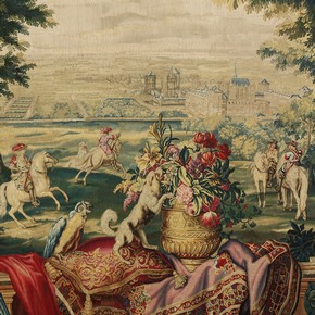 Detail from wool and silk tapestry showing Château de Vincennes, by Charles le Brun, Gobelins, Paris, France, 1670-1700. Museum no. T.371-1977