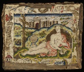 Verso of Mary Magdalene Surrounded by Instruments of the Passion, embroidered picture, unknown maker, England, mid-17th century. Museum no. T.18-1940. © Victoria and Albert Museum, London