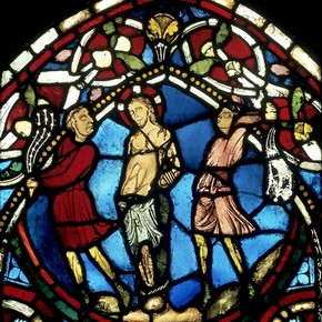 'The Flagellation of Christ', stained glass panel, about 1200–20. Museum no. 5460-1858