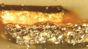 Figure 3c. Cross-section (as in figure 3a) after staining with Lugol’s solution, VIS light. Adhesion failure at the interface between the top foundation and the starch-containing layer (Photography by Nanke Schellmann)