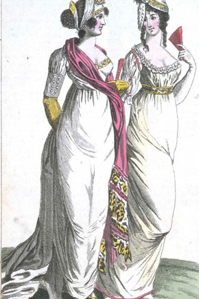 This fashion plate from 'Ladies' magazine of 1801 shows the characteristic high waistline of the time. Museum no. E.249-1955