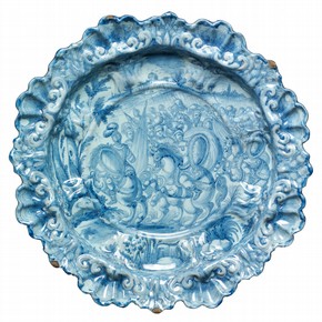 Plate with moulded rim by Giovanni Antonio Guidobono (1605-1685). Museum no. 4341-1857