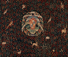 Figure 3. Tapestry showing the arms of the Family of Giovio with painted canvas repairs, Flanders (Belgium), mid-sixteenth century (256-1895) W 627 cm, Photography by Susana Fajardo  © Victoria and Albert Museum, London