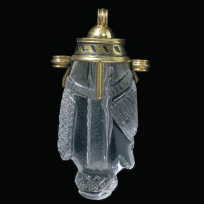 Rock-crystal flask mounted as a pendant, possibly from Egypt, 900–1000. The mounts probably from France, about 1300. Museum no. M.110-1966