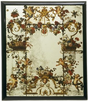 Mirror painted in oils, probably by Antoine Monnoyer, probably London, England, 1710–20. Museum no. W.36-1934