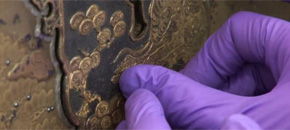 Mazarin Chest conservation: Re-attaching the lock plate & consolidating damaged edges