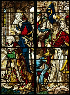 'The Adoration of the Magi', stained glass panels by the Master of the Holy Kindred, Germany, about 1500. Museum no. C.74 & 75-1919