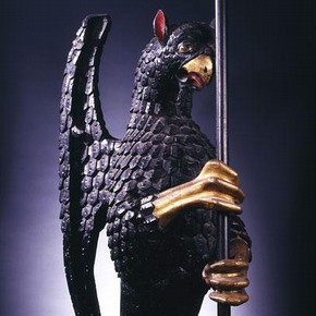 Carved, painted and gilded oak griffin, with tinned copper banner, 1507–25, Museum no. W.7-2000