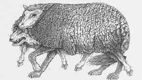 John Vernon Lord, 'The Wolf in Sheep's Clothing', illustrated from wood-engravings, from 'Aesop's Fables, retold in verse by James Mitchie', 1989. Published by Jonathan Cape, London. National Art Library Pressmark: 60.HH.46