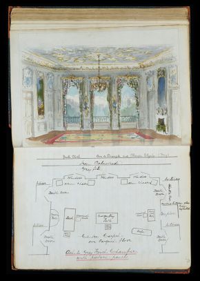 Figure 5. Diplomacy, prompt book, Victorien Sardou / William Harford, 1893, pencil and watercolour designs and plans bound with manuscript. [No Museum no.] © Victoria and Albert Museum, London