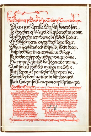 'Here Biginneth the Book of the Tales of Caunterbury', illuminated manuscript by Edward Johnston, 1927. NAL reference number: MSL/1964/1879, pressmark: Frame store RW