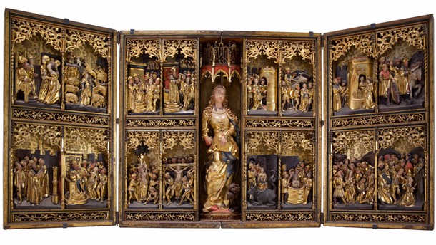 Painted and gilded oak triptych known as the St Margaret Altarpiece, North Germany, about 1520. Museum no. T.5894-1859