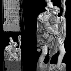 Figure 2. This image shows three stages of assigning a 2D colour bitmap of a model fo a Flemish polychrome scultpture of St Christopher (Museum No. A1304-1872).