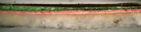 Figure 2 - Cross section showing ground and paint layer structure, x200 magnification. Ground layer (1), size layer (2), pink paint layer (3), green paint layer (4), degraded varnish layers (5). Photography by Gabriella Macaro