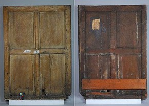 Figure 1 (a&b). Front and back of interior panel No. 39 with losses at the lower horizontal rail and lower corner joints with the softwood repair screwed to back (Photography by Carola Schueller) 