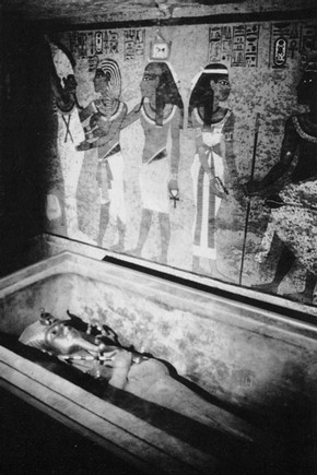 Fig 1. The burial chamber of Tutankhamun today, in the Valley of the Kings - with humidity damage to the end wall