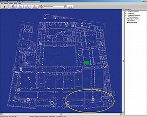 Figure 1. OCEAN: V&A South Kensington ground floor. Sensor positions are indicated by the coloured square icons (the colour representing current climate status). Medieval & Renaissance Galleries lie within the yellow ellipse. 