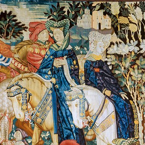 'Falconry' (detail), woven wool tapestry, Netherlands, possibly Arras, 1430s. Museum no. T.202-1957
