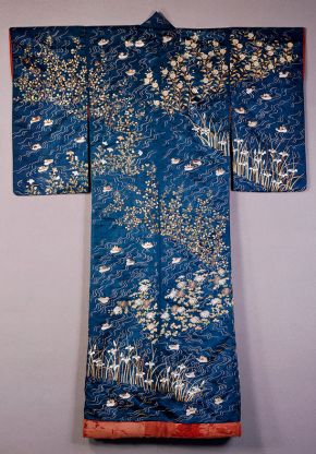 Kimono, Japan, 1820-60, satin silk known as shu, embroidered in silk & metallic thread with  decoration of ducks on rippling water amongst irises and pinks. Museum no. T.79-1927, © Victoria and Albert Museum, London