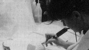 Fig. 7. Cutting the plaster shell to allow for the 'floating' fragments to be fitted