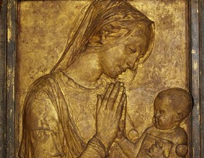 Relief, possibly by Donatello, about 1455-60, gilded terracotta. Museum no. 57:1-1867