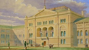 Sketch for the North Side of the inner quadrangle. Watercolour by Captain F. Fowke, c. 1865.
