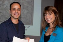 Ara Moradian receiving the ceramics award from curator, Amy Mechowski on behalf of Terry Bloxham
