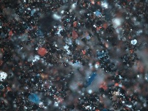 Figure 6. Pigment mixture on the black wooden beam along the PL border of the miniature. Leica Aristomet microscope, magnification 800x (Photography by Lucia Burgio)