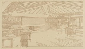 Perspective showing living room in the Avery Coonley House, Oak Park, Illinois, by Frank Lloyd Wright, 1907–8. From Ausgeführte Bauten und Entwürfe von Frank Lloyd Wright (Berlin, 1910). NAL no. 95 Drawer 12