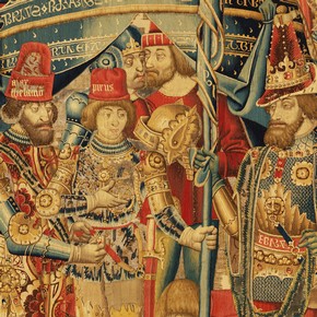 Detail showing Pyrrhus recieving Achilles' armour, from a tapestry with Scenes of the War of Troy, 1475-1490. Museum no.6-1887