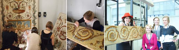 Left: Alice Aurand, Claire Shepherd and Sarah Bayliss smoothing fills; centre: Sally Higgs at work on filling losses; right: Roxy Sperber, Sara Wohler, Olympia Diamond and Sarah Bayliss in the studio with a pilaster panel ready for retouching. Photography by Clare Richardson © Victoria and Albert Museum, London