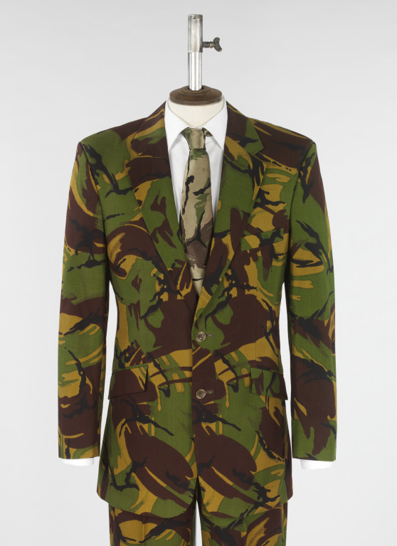 Man’s suit, shirt and tie of camouflage printed cotton