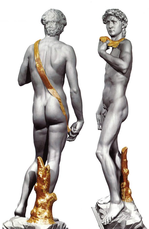 Fig 2. Hypothetical virtual reconstruction of the gilding on the David in 1504 (digital elaboration by Artmedia Studio, Florence). Image courtesy of the Artmedia Studio, Florence.