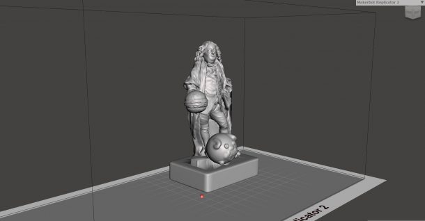 Sculpture 3D model holding burger with pug dog at feet