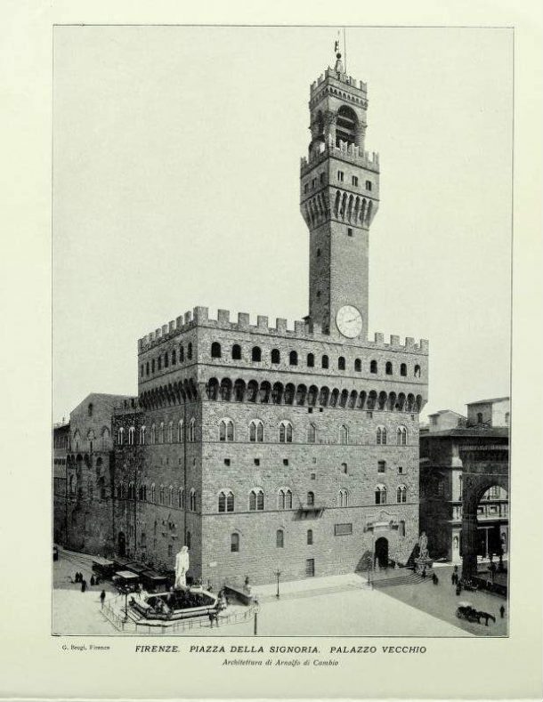 Photo of Piazza della Signoria without David. Photo from: Firenze, souvenir album con 48 vedute, published by A.-G. Wehrli, Kilchenberg (Zurich), 1900