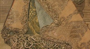 Figure 14 - Detail of engraving, Mademoiselle Subligny dansant a l’Opera, Jean Mariette (publisher), 1688-1709, hand coloured with applied silks and bobbin lace. Museum no. 1197-1875, given by Lady Wyatt, photography by Alice Dolan