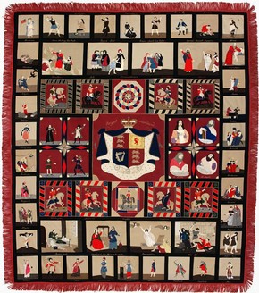 Figure 5 - 'Royal Standard' hanging, maker unknown, 1850s, intarsia patchwork in wool. Museum no. CIRC.114-1962