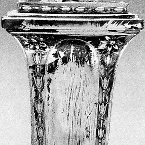 Figure 1. Detail of a Sheffield plate candlestick. Worn and degraded lacquer has caused characteristic preferential corrosion. Museum no. M.11-1912. Photography by V