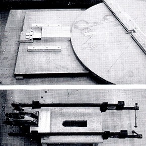 Top: Jig for separating veneer from base wood using wheel with off-centre axis, which pushes veneer panel into a wedge set at panels glueline. Bottom: Simple jig for separating mortice and tenon joints