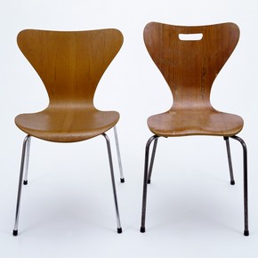 Chairs:(left) Model 3107, designed by Arne Jacobsen, 1957. Museum no. CIRC.371-1970 (right) Copy by unknown designer, possibly by Heal's London, 1962. Museum no. W.10-2013, © Victoria and Albert Museum, London