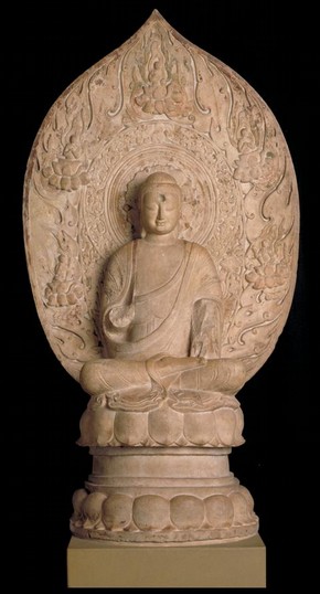 Figure 5 - Seated Buddha, Figure of Buddha, Hebei, China, 550 – 577, marble sculpted, 166.7 x 92 x 40 cm. Museum no. A.36-1950